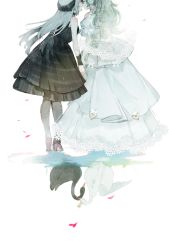 2girls bare_shoulders bird black_dress black_legwear black_swan_(bird) black_vs_white bridal_veil bride commentary contrast couple detached_sleeves different_reflection dress english_commentary female_focus flower from_behind girls&#039;_frontline green_hair hair_flower hair_ornament head_out_of_frame heart high_heels highres imminent_kiss imoko_(imonatsuki) lace lace-trimmed_dress lace_trim leaning_forward leaning_on_person long_dress long_hair m950a_(girls&#039;_frontline) m950a_(the_warbler_and_the_rose)_(girls&#039;_frontline) multiple_girls official_alternate_costume pantyhose profile puddle reflection see-through_clothes short_dress silver_hair standing swan thunder_(black_swan&#039;s_dream)_(girls&#039;_frontline) thunder_(girls&#039;_frontline) veil wedding_dress white_background white_dress white_flower wife_and_wife wrist_cuffs yuri