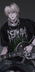 1boy black_choker black_nails black_pants black_shirt blonde_hair bracelet chain chain_necklace choker close-up closed_mouth commentary denim ear_piercing earrings electric_guitar emo_fashion eyeshadow gradient_background grey_background grey_eyes guitar hair_between_eyes highres holding holding_guitar holding_instrument holding_plectrum instrument jeans jewelry looking_to_the_side makeup male_focus medium_hair mole mole_under_mouth multiple_rings necklace original pants piercing plectrum print_shirt ring shirt sitting solo st31010 symbol-only_commentary torn_clothes torn_jeans torn_pants upper_body