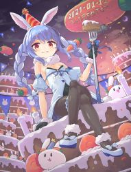 1girl :p absurdres animal_ear_fluff animal_ears ankle_garter arm_support bare_shoulders birthday birthday_cake black_gloves black_leotard black_pantyhose blue_hair braid breasts cake carrot_hair_ornament coat coat_dress creature crossed_legs dated detached_sleeves don-chan_(usada_pekora) dress dutch_angle food food-themed_hair_ornament frilled_thigh_strap full_body fur-trimmed_coat fur-trimmed_gloves fur_scarf fur_trim gloves hair_ornament highres hikimayu hololive legwear_garter leotard leotard_under_clothes long_hair mary_janes multicolored_hair nano_(mianhua_maoqiu) orange_eyes oversized_food oversized_object pantyhose pekomon_(usada_pekora) playboy_bunny puffy_short_sleeves puffy_sleeves rabbit rabbit_ears red_eyes scarf shiny_clothes shiny_legwear shoes short_eyebrows short_sleeves single_legwear_garter sitting small_breasts smile solo_focus strapless strapless_coat strapless_dress strapless_leotard thick_eyebrows thigh_strap tongue tongue_out twin_braids twintails two-tone_hair usada_pekora usada_pekora_(1st_costume) v-shaped_eyebrows virtual_youtuber white_coat white_footwear white_hair white_scarf white_sleeves