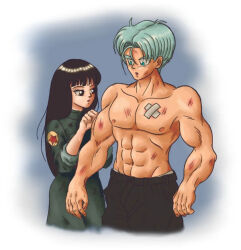 1boy 1girl abs biceps black_eyes black_hair blue_eyes blue_hair couple dragon_ball dragon_ball_super injury long_hair mai_(future)_(dragon_ball) muscular muscular_male nipples pectorals scratches shirtless_male short_hair surprised trunks_(dragon_ball) trunks_(future)_(dragon_ball)