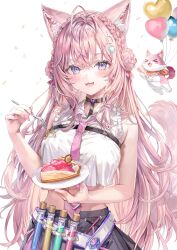 1girl :3 absurdres animal_ears antenna_hair balloon belt black_belt black_choker black_skirt blush braid braided_bun breasts cake cake_slice choker collared_shirt confetti crown_braid double_bun eyelashes fang fingernails food fork frilled_shirt frills hair_between_eyes hair_bun hair_ornament hair_ribbon hakui_koyori hakui_koyori_(1st_costume) highres holding holding_fork holding_plate hololive kokoro_(hakui_koyori) large_breasts long_hair looking_at_viewer midriff momoko_(momopoco) nail_polish necktie open_mouth party_popper pink_hair pink_nails pink_necktie pink_ribbon plate pocket_watch purple_eyes ribbon shirt simple_background skirt sleeveless sleeveless_shirt smile tail test_tube virtual_youtuber watch white_background white_belt white_shirt wolf_ears wolf_girl wolf_tail