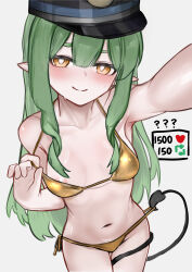 1girl absurdres areola_slip bikini blue_archive blush breasts closed_mouth commentary demon_tail gold_bikini green_hair highres hikari_(blue_archive) long_hair pointy_ears selfie sidelocks simple_background small_breasts solo swimsuit symbol-only_commentary tail wawamachi white_background yellow_eyes