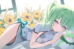 1girl absurdres breasts china_dress chinese_clothes dress floral_print flower green_hair hair_between_eyes highres looking_at_viewer lying medium_breasts medium_hair multicolored_eyes nannung parted_lips short_sleeves sideboob smile solo stellive twintails virtual_youtuber white_dress yellow_flower yuzuha_riko