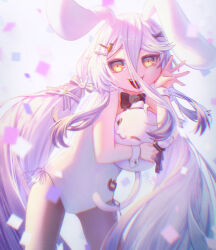 1girl animal_ears black_pantyhose carrot_hair_ornament collar detached_collar food-themed_hair_ornament grey_hair hair_between_eyes hair_ornament hairpin hen_squad_(henya_the_genius) henya_the_genius henya_the_genius_(bunniversary) indie_virtual_youtuber leotard long_bangs long_hair looking_at_viewer open_mouth pantyhose playboy_bunny rabbit_ears rabbit_girl smile solo very_long_hair virtual_youtuber waytooemily white_collar white_leotard white_wrist_cuffs wrist_cuffs x_hair_ornament yellow_eyes