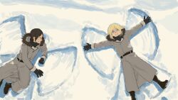 Rule 34 | black footwear, black gloves, black hair, black scarf, blonde hair, boots, brown coat, coat, freckles, gloves, highres, hood, hood down, hooded coat, krista lenz, long sleeves, looking at another, lying, medium hair, mycroft (mycroftkh), on back, on ground, outdoors, parted lips, scarf, shingeki no kyojin, smile, snow, snow angel, winter clothes, ymir (shingeki no kyojin)
