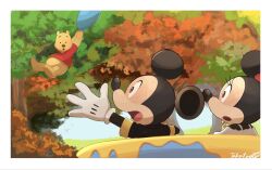 1girl 2boys animal_ears bow brown_eyes disney eyelashes gloves highres holding looking_at_viewer mickey_mouse mickey_mouse_&amp;_friends minnie_mouse mouse_ears multiple_boys open_mouth pooh shirt surprised takatmaorange tree winnie_the_pooh