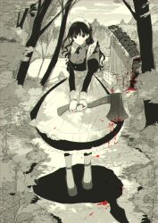 1girl apron axe black_dress black_eyes black_hair blood blood_on_clothes blood_on_face bloody_weapon breasts closed_mouth commentary_request dress forest full_body gloves holding holding_axe kimi_wa_meido-sama large_breasts long_hair looking_at_viewer maid maid_headdress nature outdoors pantyhose shotan solo weapon white_apron white_gloves white_pantyhose yuki_(kimi_wa_meido-sama)