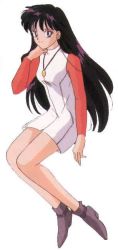 Rule 34 | 1990s (style), 1girl, ankle boots, bishoujo senshi sailor moon, black hair, boots, closed mouth, grey footwear, hand on own chin, hino rei, kneecap, kneecaps, knees, knees bent, legs, long hair, long legs, looking at viewer, muscular, muscular arms, muscular female, muscular girl, muscular legs, official art, raised hand, red shirt, retro artstyle, sailor mars, shirt, sitting, skirt, smile, super sailor mars, thick thighs, thighs, very long hair, very short skirt, white skirt