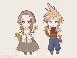 Rule 34 | 1boy, 1girl, aerith gainsborough, aqua eyes, armor, armored gloves, baggy pants, basket, belt, blonde hair, blue pants, bluelimbo8888, boots, braid, braided ponytail, brown belt, brown gloves, brown hair, chibi, chibi only, closed mouth, cloud strife, collared dress, dated, dress, final fantasy, final fantasy tactics, final fantasy vii, floral background, flower, gloves, green eyes, headscarf, holding, holding basket, holding flower, light smile, long dress, official alternate costume, pants, parted bangs, parted lips, pauldrons, shoulder armor, sidelocks, single bare shoulder, single braid, single pauldron, sleeveless, sleeveless turtleneck, spiked hair, suspenders, turtleneck, twitter username, yellow flower