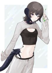 1girl :d au_ra blue_eyes blush breasts brown_hair final_fantasy final_fantasy_xiv fingernails forward-facing_horns green_nails grey_pants hand_up highres horns index_finger_raised long_fingernails long_sleeves looking_at_viewer medium_hair midriff monster_girl multiple_tails navel nns_ff14 open_mouth pants pinching_sleeves scales shrug_(clothing) sleeves_past_wrists small_breasts smile solo tail warrior_of_light_(ff14)