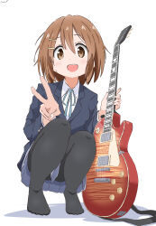 Rule 34 | 1girl, absurdres, artist name, blazer, brown eyes, brown hair, commentary request, cynical (llcbluckg c004), guitar, hair ornament, hairclip, happy birthday, highres, hirasawa yui, instrument, jacket, k-on!, long sleeves, looking at viewer, neck ribbon, open mouth, pantyhose, pleated skirt, ribbon, sakuragaoka high school uniform, school uniform, short hair, simple background, skirt, solo, squatting, tareme, v
