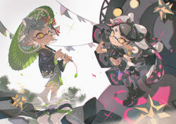 Rule 34 | 2girls, arm behind head, belt, black belt, black boots, black choker, black gloves, black hair, black haori, black pantyhose, black shirt, black shorts, boots, bow-shaped hair, breasts, bright pupils, callie (octo idol outfit) (splatoon), callie (splatoon), choker, closed mouth, crop top, cross-shaped pupils, earrings, flipped hair, food-themed earrings, food-themed hair ornament, full body, gloves, grey hair, grey kimono, hair ornament, haori, holding, holding umbrella, inkling, japanese clothes, jewelry, kimono, long hair, long pointy ears, long sleeves, looking at viewer, marie (kimono) (splatoon), marie (splatoon), midriff, mole, mole under eye, multicolored hair, multiple girls, navel, nintendo, official alternate costume, oil-paper umbrella, orange eyes, panty straps, pantyhose, pantyhose under shorts, parted lips, pink hair, pointy ears, print kimono, puffy short sleeves, puffy sleeves, sandals, shirt, short hair, short sleeves, shorts, small breasts, smile, socks, spiked belt, spiked choker, spikes, splatoon (series), splatoon 2, standing, standing on one leg, stomach tattoo, swept bangs, symbol-shaped pupils, tabi, tattoo, tentacle hair, towo nita, twintails, umbrella, very long hair, waraji, white pupils, white socks, wide sleeves