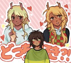 16voltsthin 1girl 1other animal_ears antlers black_shirt blonde_hair blush blush_visible_through_hair border brown_eyes brown_fur brown_hair buck_teeth checkered_clothes checkered_sweater_vest checkered_vest commentary deer_antlers deer_ears deer_girl deltarune english_commentary freckles furry furry_female green_sweater hair_between_eyes heart highres horns kris_(deltarune) long_hair noelle_holiday noelle_holiday_(dark_world) other_with_female outline outside_border pink_background reindeer_girl robe shirt short_hair sticker striped_background striped_clothes sweater teeth two-tone_sweater_vest vest white_border white_outline white_robe