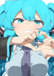 1girl abmayo black_sleeves blue_eyes blue_hair breasts collared_shirt detached_sleeves grey_necktie grey_shirt hatsune_miku heart heart_hands highres large_breasts necktie parted_lips shirt short_sleeves simple_background solo teeth twintails upper_body vocaloid white_background