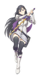 Rule 34 | 1girl, belt, black eyes, black hair, black thighhighs, boots, character request, dress, earrings, elsa (seiken no blacksmith), female focus, floating hair, full body, hair between eyes, head tilt, highres, holding, holding sword, holding weapon, jewelry, knee boots, leaning back, long hair, long sleeves, looking at viewer, saruno (eyesonly712), seiken no blacksmith, short dress, simple background, solo, sword, thighhighs, very long hair, weapon, white background, white boots, white dress, zettai ryouiki