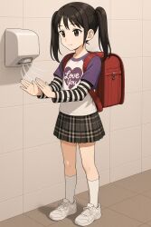 backpack bag highres layered_sleeves original raglan_sleeves randoseru shirt t-shirt twintails white_shirt