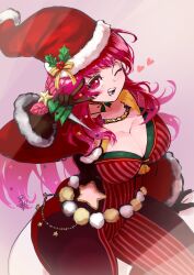 1girl blue_cape bodysuit breasts cape cleavage facial_mark fire_emblem fire_emblem_engage fire_emblem_heroes hair_ornament hat highres holding holding_sack holly holly_hair_ornament ice_pick large_breasts multicolored_cape nintendo official_alternate_costume red_bodysuit red_cape sack santa_hat solo star_(symbol) star_facial_mark star_hair_ornament star_print ta_dasu_(tadasu_hayashi) yunaka_(fire_emblem) yunaka_(spirited_envoy)_(fire_emblem)
