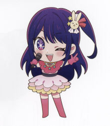 1girl absurdres blush boots dress fang frills gloves hair_between_eyes hair_ornament heart highres hoshino_ai idol idol_clothes long_hair looking_at_viewer microphone non-web_source official_art one_eye_closed open_mouth oshi_no_ko pink_boots pink_dress pink_gloves purple_eyes purple_hair rabbit_hair_ornament ribbon scan self-scan sidelocks smile solo star-shaped_pupils star_(symbol) symbol-shaped_pupils