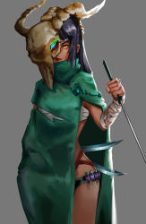 1girl absurdres aushi bad_id bad_pixiv_id bandaged_arm bandages black_hair blood blood_on_face brown_eyes cape clenched_hand dagger female_focus grey_background highres holding holding_dagger holding_knife holding_weapon knife long_hair looking_at_viewer mask sarashi silent sketch skull_mask slay_the_spire smile solo standing syringe the_silent_(slay_the_spire) torn_cape torn_clothes weapon