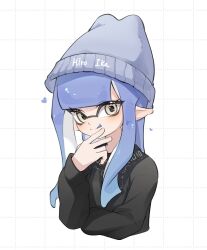Rule 34 | 1girl, :q, beanie, black sweater, blue hair, blue hat, chu u0spl, commentary, english commentary, grid background, hat, highres, inkling, inkling girl, inkling player character, long hair, looking at viewer, nintendo, pointy ears, print hat, simple background, solo, splatoon (series), splatoon 3, sweater, tentacle hair, tongue, tongue out, white background, yellow eyes