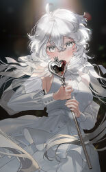 1girl absurdres armpits blood blood_on_hands blush bow breasts charlotte_wiltshire commentary_request dark_background detached_sleeves dress hair_bow heart hello_charlotte highres holding holding_staff lilovitt long_hair solo staff tears white_bow white_dress white_eyes white_hair white_sleeves wings