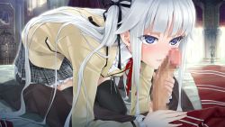 Rule 34 | 1boy, 1girl, bad id, bad pixiv id, bent over, bishoujo mangekyou, bishoujo mangekyou: norowareshi densetsu no shoujo, bishoujo mangekyou (series), blue eyes, blush, breasts, censored, cum, frilled skirt, frills, game cg, hair ribbon, hair spread out, half-closed eyes, happoubi jin, hetero, jacket, kagarino kirie, lips, long hair, mosaic censoring, naughty face, neck ribbon, onogami shigehiko, parted lips, penis, plaid clothes, plaid skirt, pleated skirt, precum, ribbon, school uniform, skirt, small breasts, smile, solo focus, straddling, thighhighs, twintails, very long hair, white hair
