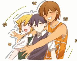 3boys antenna_hair bailan1130 basil_(faraway)_(omori) basil_(omori) black_eyes black_hair black_sweater_vest blonde_hair blush bright_pupils brown_hair closed_eyes closed_mouth collarbone collared_shirt dark-skinned_male dark_skin double-parted_bangs green_sweater_vest grin highres kel_(faraway)_(omori) kel_(omori) male_focus multiple_boys omori one_eye_closed open_mouth parted_lips shirt short_hair short_sleeves smile sunny_(omori) sweater_vest teeth upper_teeth_only white_pupils white_shirt