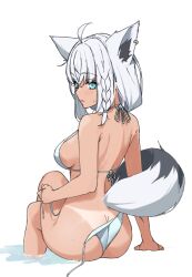 Rule 34 | 1girl, ahoge, animal ear piercing, animal ears, aqua eyes, ass, back, bikini, braid, breasts, butt crack, double-parted bangs, eru (l illust45), extra ears, fox ears, fox girl, fox tail, from behind, hair between eyes, halterneck, highres, hololive, long hair, looking at viewer, median furrow, medium breasts, shirakami fubuki, shoulder blades, side braid, simple background, single braid, sitting, solo, swimsuit, tail, tan, tanline, untied bikini bottom, virtual youtuber, white background, white bikini, white hair