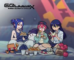 1boy 2girls amate_yuzuriha apple beanie blue_hair blush closed_eyes collared_shirt colored_inner_hair commentary_request conch_(gundam) copyright_name cup dumpling eating food fruit gloves gundam gundam_gquuuuuux haro hat highres holding holding_food holding_fruit holding_plate jacket jiaozi long_hair long_sleeves lower_eyelashes_only multicolored_hair multiple_girls non-humanoid_robot nyaan_(gundam_gquuuuuux) ochishima open_mouth pants peeling plate pom_pom_(clothes) pom_pom_beanie ponytail purple_hair purple_hat red_eyes red_hair robot school_uniform shirt short_hair shuji_ito sitting skirt smile two-tone_hair yellow_eyes