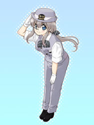 Rule 34 | 00s, blue background, flight attendant, full body, glasses, gloves, hat, kawaguchi misono, saitama railway, salute, smile, tessai, tetsudou musume, train attendant, travel attendant, uniform
