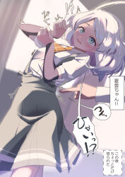!? 1girl 1other arm_warmers ascot blue_eyes collared_shirt commentary_request cowboy_shot dress_shirt grey_skirt highres kantai_collection looking_at_viewer metadio natsugumo_(kancolle) orange_ascot plaid_ascot plaid_clothes pleated_skirt poking shirt short_hair skirt suspender_skirt suspenders translation_request white_hair white_shirt