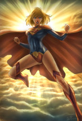 1girl blonde_hair blue_eyes cape dc_comics female_focus flying highres kryptonian leotard s_shield solo supergirl