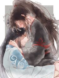 2boys ahoge anal bishounen black_hair black_hanfu blush brown_hair chinese_clothes closed_eyes convenient_censoring from_side full-face_blush grey_background hand_on_another&#039;s_ass hand_on_another&#039;s_shoulder hanfu high_ponytail implied_sex lan_wangji long_hair long_sleeves male_focus modao_zushi multiple_boys neck_blush open_mouth parted_lips ponytail profile robe semiusa1010 sex sidelocks sitting sitting_on_lap sitting_on_person straddling sweat trembling twitter_username upright_straddle very_long_hair wei_wuxian white_hanfu wide_sleeves yaoi yellow_eyes