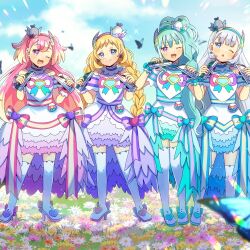 Rule 34 | 4girls, ;d, ;o, animal, bare shoulders, blonde hair, blue eyes, blue sky, blurry, blurry foreground, bow, braid, brown flower, bug, butterfly, cloud, commentary request, commission, cure friendy, cure friendy (diamond ribbon style), cure lillian, cure lillian (diamond ribbon style), cure nyammy, cure nyammy (diamond ribbon style), cure wonderful, cure wonderful (diamond ribbon style), day, depth of field, dress, field, flower, flower field, green hair, grey hair, head tilt, holding, insect, inukai iroha, inukai komugi, kou hiyoyo, long hair, low twintails, model train, multicolored hair, multiple girls, nekoyashiki mayu, nekoyashiki yuki, one eye closed, open mouth, outdoors, parted lips, pink hair, precure, purple eyes, purple flower, skeb commission, sky, smile, standing, striped bow, twin braids, twintails, two-tone hair, two side up, very long hair, white dress, white flower, wonderful precure!, yellow flower