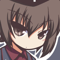 Rule 34 | 1girl, black background, black jacket, blush, brown eyes, brown hair, chibi, cross, deformed, dress shirt, eyes visible through hair, fictional sister, garrison cap, girls und panzer, hair between eyes, hat, iron cross, jacket, kuromorimine military uniform, long sleeves, looking at viewer, military, military hat, military uniform, nishizumi maho, no nose, red shirt, shirt, short hair, simple background, solo, upper body