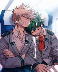 2boys adam&#039;s_apple bakugou_katsuki blonde_hair blue_pants boku_no_hero_academia book chiyaya collared_shirt cowboy_shot crossed_arms dot_nose earbuds earphones fingernails freckles gauze gauze_on_cheek green_hair grey_jacket head_on_another&#039;s_shoulder head_rest highres jacket lapels lower_teeth_only male_focus midoriya_izuku multiple_boys necktie notched_lapels open_book open_collar open_mouth pants parted_lips red_necktie saliva school_uniform shirt short_hair sitting sleeping teeth u.a._school_uniform white_shirt wing_collar
