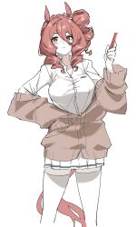 &gt;:( 1girl absurdres animal_ears bow breasts brown_cardigan brown_hair cardigan cleavage closed_mouth collarbone collared_shirt dnanan_5050 double-parted_bangs dress_shirt drill_hair drill_sidelocks ear_ribbon eyebrows_hidden_by_hair feet_out_of_frame frown gyaru hair_between_eyes hand_on_own_hip highres holding horse_ears horse_girl horse_tail kogal large_breasts long_hair_between_eyes long_sleeves medium_hair miniskirt norn_ace off_shoulder open_collar pleated_skirt shirt side_drill sidelocks simple_background skirt solo tail thighhighs umamusume umamusume:_cinderella_gray v-shaped_eyebrows white_background white_shirt white_skirt white_thighhighs zettai_ryouiki