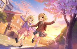 2girls backpack bag blazer blonde_hair brown_eyes brown_hair building buttons cable cherry_blossoms cloud falling_leaves game_cg green_eyes hairband idolmaster idolmaster_cinderella_girls idolmaster_cinderella_girls_starlight_stage jacket koga_koharu leaf low_twintails multiple_girls neck_ribbon official_art open_mouth plaid_clothes plaid_skirt ribbon road road_sign sign skirt street sunset twintails window yusa_kozue