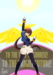 Rule 34 | 1girl, absurdres, aile (mega man zx), arm up, black bodysuit, blue jacket, bodysuit, bodysuit under clothes, breasts, brown hair, clenched hand, cropped jacket, feet out of frame, green eyes, highres, jacket, long hair, medium breasts, mega man (series), mega man zx, mega man zx advent, nuclear potato, open clothes, open jacket, parted lips, pointing, ponytail, robot ears, shorts, smile, solo, sun, white shorts