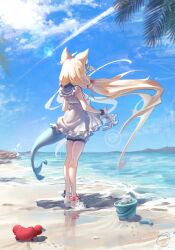 1girl absurdres ahoge animal_ears ankleband anklet barefoot beach blonde_hair blue_sky bucket cat_ears crab day dress fins fish_tail floating_hair frilled_dress frills from_behind highres indie_virtual_youtuber jewelry kaniki_(sameko_saba) lifebuoy_hair_ornament long_hair low_twintails ocean outdoors saku28364931 sameko_saba sand scrunchie shark_tail short_shorts shorts sky sleeveless sleeveless_dress solo standing tail twintails very_long_hair virtual_youtuber white_dress white_shorts wrist_scrunchie