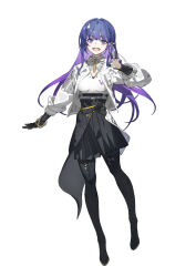 1girl alternate_costume belt bodysuit boots bracelet cropped_jacket hair_ornament hair_ribbon high-waist_skirt high_heel_boots high_heels highres jewelry kamizuru_cosmo long_hair neco outstretched_hand purple_hair ribbon skirt standing synduality synduality_echo_of_ada thigh_boots triangle_hair_ornament