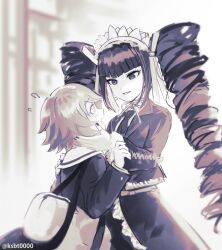1boy 1girl bad_id bad_pixiv_id bag blurry blurry_background bonnet celestia_ludenberg cowboy_shot danganronpa:_trigger_happy_havoc danganronpa_(series) drill_hair flying_sweatdrops frills fujisaki_chihiro gothic_lolita hajime_(gitoriokawaii) hand_on_another&#039;s_face jacket lolita_fashion long_hair long_sleeves looking_at_another neck_ribbon necktie nervous open_mouth ribbon school_uniform shirt short_hair skirt smile standing trap twin_drills twintails twitter_username