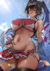 1girl absurdres ahoge bay_(nikke) bikini bikini_bottom_only black_eyes black_hair black_thighhighs breasts cameltoe cheerleader collar crop_top dark-skinned_female dark_skin facial_tattoo from_below goddess_of_victory:_nikke hair_intakes hairband highres large_breasts long_hair looking_at_viewer mole mole_on_stomach mole_under_eye mole_under_mouth multicolored_hair nail_polish pom_pom_(cheerleading) ponytail red_hair red_shirt red_skirt sakamiya_tsuto shirt skindentation skirt solo spiked_collar spikes star_tattoo streaked_hair sweat swimsuit tattoo thighhighs thighs underboob white_bikini