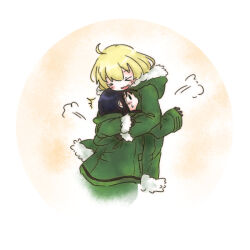 &gt;_&lt; 2girls ahoge black_gloves black_hair blonde_hair chito_(shoujo_shuumatsu_ryokou) fur-trimmed_jacket fur_trim gloves green_jacket haru_kano hug jacket long_hair long_sleeves multiple_girls open_mouth puff_of_air shoujo_shuumatsu_ryokou upper_body yuuri_(shoujo_shuumatsu_ryokou)