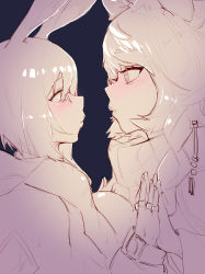 2girls absurdres amiya_(arknights) animal_ears arknights barbed_tongue blush braid bright_pupils eye_contact highres hitobashira_(1746164306) jewelry kiss_focus leopard_ears leopard_girl limited_palette lips long_hair looking_at_another multiple_girls palms_together pramanix_(arknights) rabbit_ears rabbit_girl ring short_hair size_difference sketch turtleneck yuri