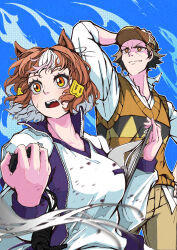 1boy 2girls animal_ears belno_light_(umamusume) blue_jacket blue_sky blurry blurry_foreground bow brown_eyes brown_hair brown_pants brown_sweater_vest clipboard closed_mouth cloud cloudy_sky collared_shirt commentary day depth_of_field ear_ribbon grey_hair gym_shirt hair_ornament hand_on_headwear hand_on_own_hip highres holding holding_clipboard holding_stopwatch horse_girl jacket jose_(joseeidossei) kasamatsu_tracen_training_uniform kitahara_jou letter_hair_ornament long_sleeves looking_to_the_side multicolored_hair multiple_girls oguri_cap_(umamusume) open_clothes open_jacket open_mouth outdoors pants shirt short_hair short_sleeves sky smile standing stopwatch sweatdrop sweater_vest track_jacket two-tone_hair umamusume umamusume:_cinderella_gray untucked_shirt watch white_hair white_shirt yellow_eyes