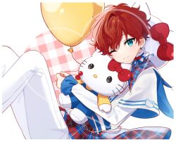Rule 34 | 1boy, amagi hiiro, amagi hiiro (colorful fairytail), aqua eyes, balloon, closed mouth, collar, ensemble stars!, frilled collar, frills, hair between eyes, hello kitty, hello kitty (character), highres, holding, holding stuffed toy, long sleeves, looking at viewer, male focus, official alternate costume, one eye closed, pants, red eyes, sanrio, shirt, shisokonbu, short hair, smile, stuffed toy, white background, white pants, white shirt