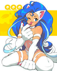 1girl 333_(dqqqdle) ;p ahoge animal_ears animal_hands artist_name big_hair blue_eyes blue_hair blush body_fur cat_ears cat_girl cat_paws cat_tail choker claws darkstalkers felicia_(darkstalkers) long_hair one_eye_closed simple_background sitting solo tail tongue tongue_out very_long_hair wariza white_fur wink