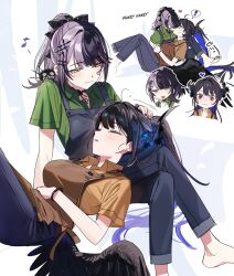 ! 2girls alternate_costume apron asymmetrical_horns barefoot black_choker black_flower black_hair black_horns black_nails black_wings blue_hair blue_overalls blue_pants blush breasts brown_apron brown_shirt chibi chibi_inset choker closed_eyes closed_mouth collared_shirt colored_inner_hair commentary crossed_legs demon_horns eighth_note english_commentary feathered_wings feet fingernails flower foot_out_of_frame green_shirt grey_hair hair_ornament headpat heart highres hololive hololive_english horn_flower horns kiss lap_pillow large_breasts light_smile long_hair looking_at_another low_wings mole mole_under_eye motion_lines multicolored_hair multiple_girls multiple_views musical_note nail_polish nerissa_ravencroft overalls pants parted_lips pendant_choker ponytail red_eyes shiori_novella shirt short_sleeves sitting sleeping split-color_hair spoken_exclamation_mark surprise_kiss surprised two-tone_hair uneven_horns very_long_hair virtual_youtuber wings yellow_eyes yomosaka yorick_(shiori_novella) yuri