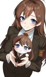1girl absurdres ahoge armband blue_eyes brown_hair character_doll collared_shirt doll dress_shirt formal_clothes hair_ornament hairclip highres hod_(project_moon) holding jacket lapels lobotomy_corporation long_hair long_sleeves looking_at_viewer necktie orange_armband orange_necktie project_moon shirt smile suit vvernerluniq white_shirt